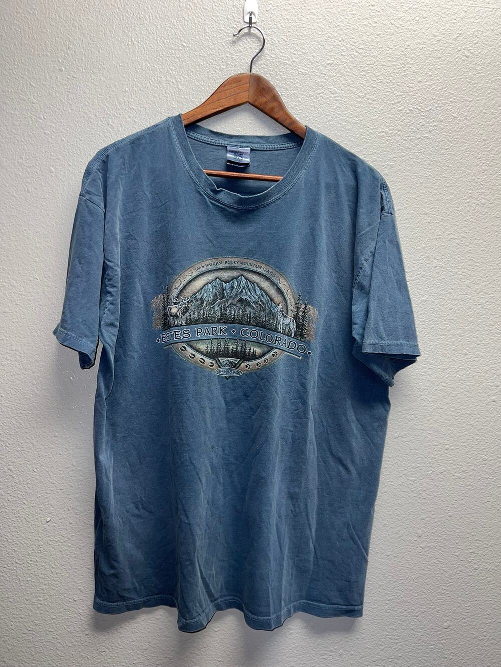 Vintage Estes Park Shirt Colorado Elk Wolf Animal Nature Blue Tee 90s VTG Large